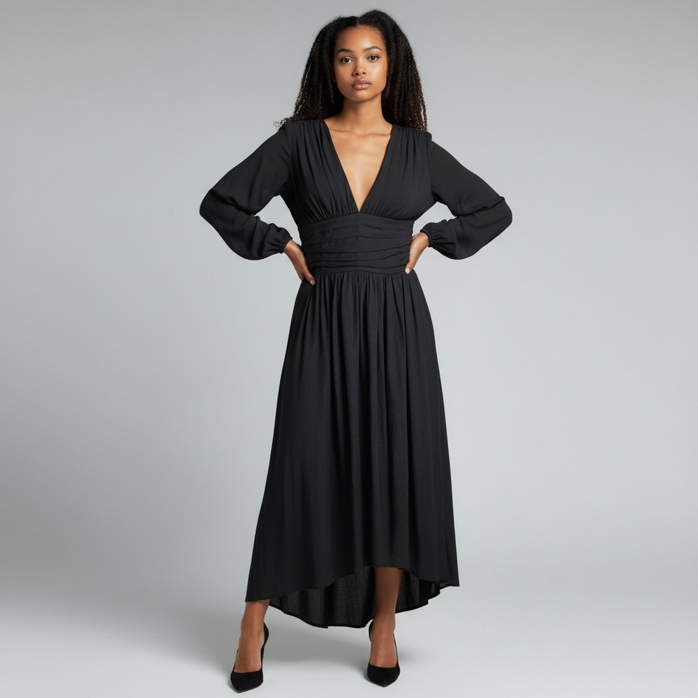 Anthropologie Gwendolyn‎ Deep V-Neck Long Puff Sleeve Black Midi Dress Sz 2 NWOT